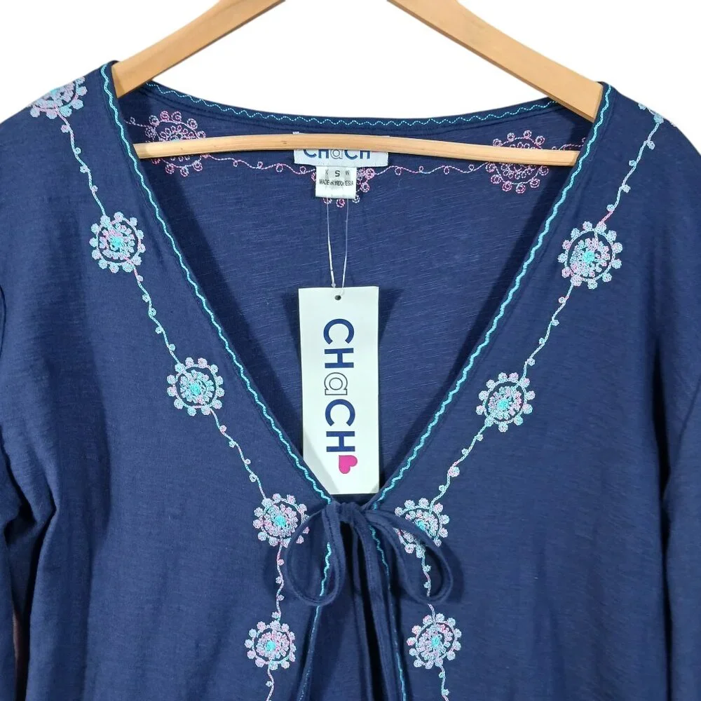 Chach, NWT,  Maxi Kimono, Boho, Navy w/ Pink & Aqua Trim, Whimsical, Small - Picture 4 of 14
